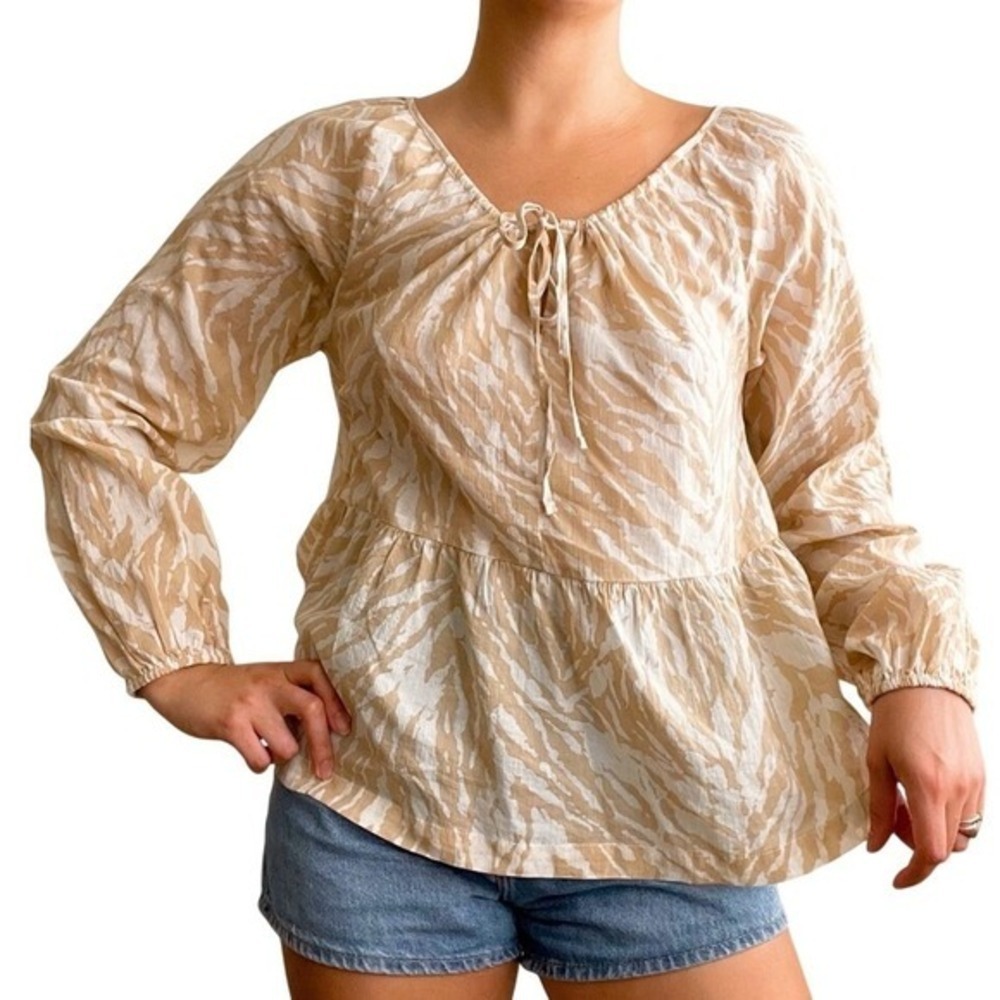 GAP Romantic Cottage Maximalist Zebra Print Tie-Front Peplum Long Sleeve Blouse